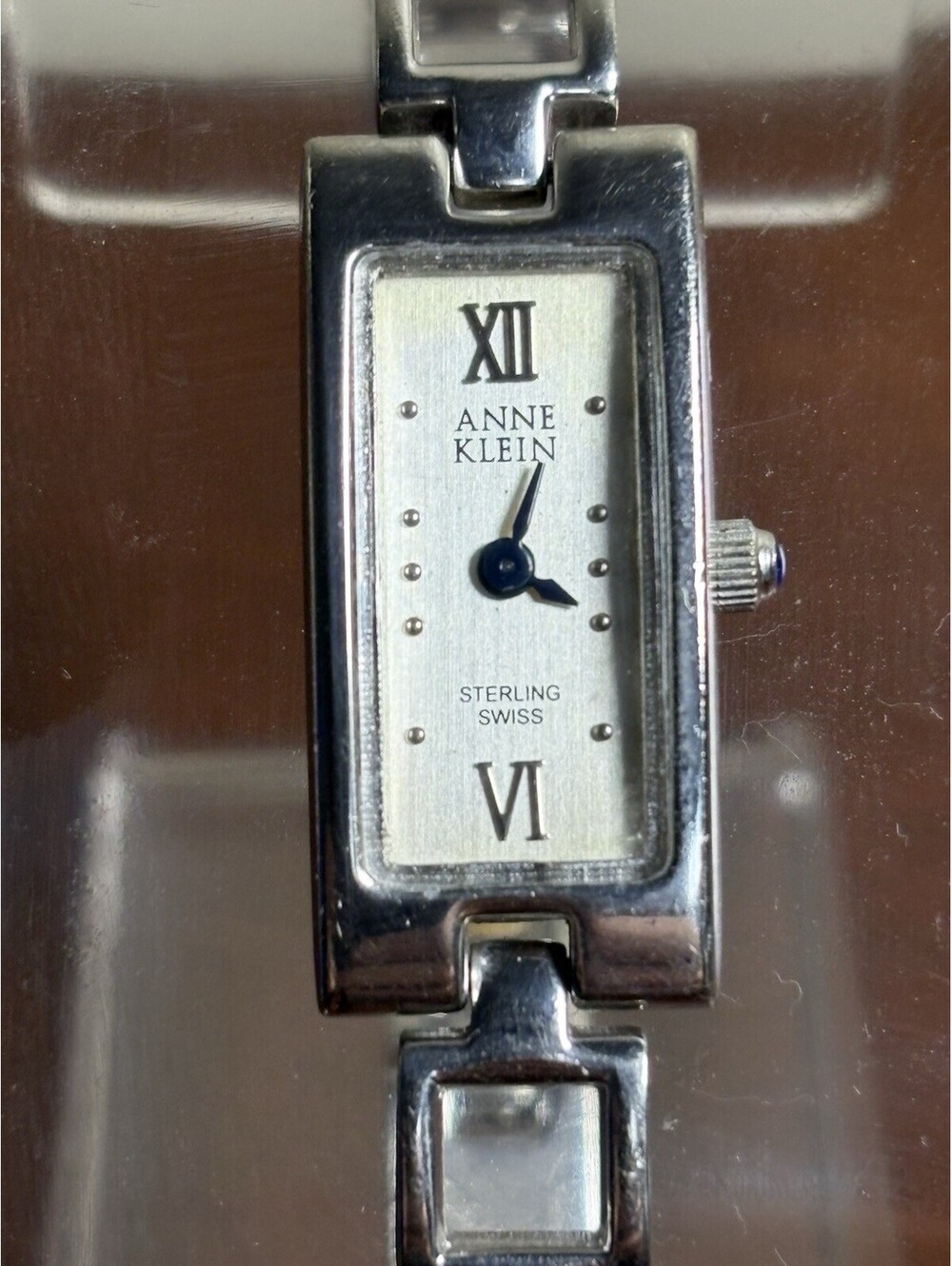 Anne Klein 12/6803 925 Sterling Silver Case and Bracelet Watch Swiss Quartz Runs